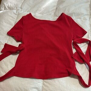Active USA Red Ribbed Short Sleeve Wrap Back Tie Waist Top Small